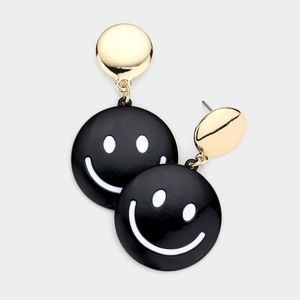 Black Gold Smiley Face 2" Dangle Earrings Round Happy Cute Fun Fashion 048